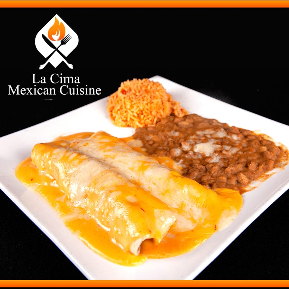 Two cheese enchiladas with orange sauce, rice, and refried beans on a white plate.